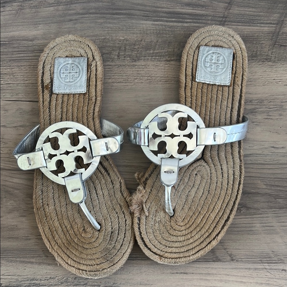 Tory Burch Metallic Silver Espadrille Sandals 8.5